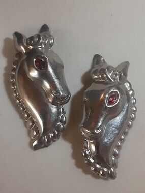 MCM HORSE HEAD DUETTE BROOCH Silvertone Red Glass Eyes Unmarked